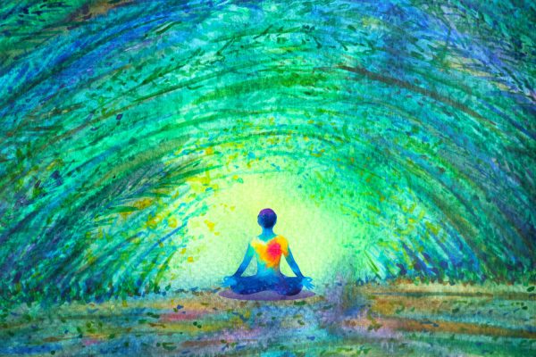 chakra color human lotus pose yoga in green tree forest tunnel, abstract world, universe inside your mind mental, watercolor painting illustration design hand drawn chakra color human lotus pose yoga in green tree forest tunnel, abstract world, universe inside your mind mental, watercolor painting illustration design hand drawn